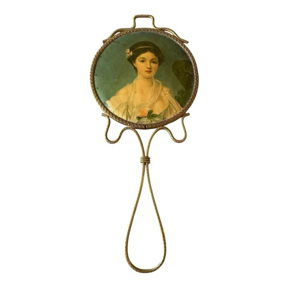 Antique Regency era hand mirror with painting of lady brass frame Bridgerton - Picture 1 of 6